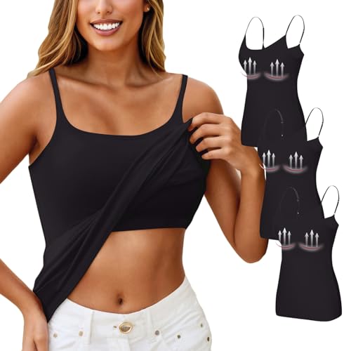 3er Pack Top Mit Integriertem BH Tank Top Damen Unterhemd Mit Regal BH Basic Baumwoll Stretch Racerback Eng Spaghetti Top Slim Unterhemden & BH-Hemden Sport Trägertop Für Frauen(A01 Schwarz,S) von Generic