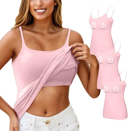 3er Pack Top Mit Integriertem BH Tank Top Damen Unterhemd Mit Regal BH Basic Baumwoll Stretch Racerback Eng Spaghetti Top Slim Unterhemden & BH-Hemden Sport Trägertop Für Frauen(A06 Rosa,S) von Generic