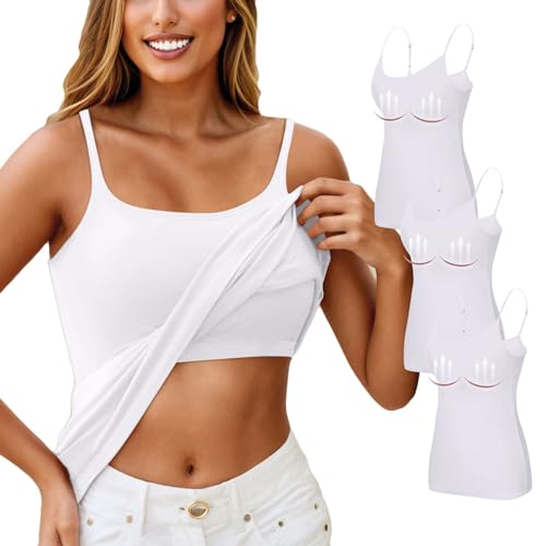3er Pack Top Mit Integriertem BH Tank Top Damen Unterhemd Mit Regal BH Basic Baumwoll Stretch Racerback Eng Spaghetti Top Slim Unterhemden & BH-Hemden Sport Trägertop Für Frauen(A09 Weiß,XXL) von Generic
