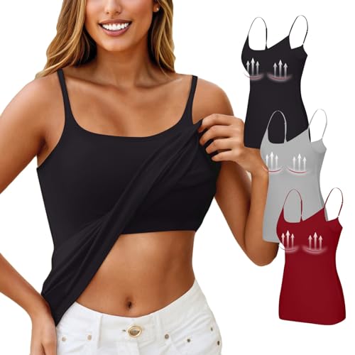3er Pack Top Mit Integriertem BH Tank Top Damen Unterhemd Mit Regal BH Basic Baumwoll Stretch Racerback Eng Spaghetti Top Slim Unterhemden & BH-Hemden Sport Trägertop Für Frauen(A14 Rot,M) von Generic