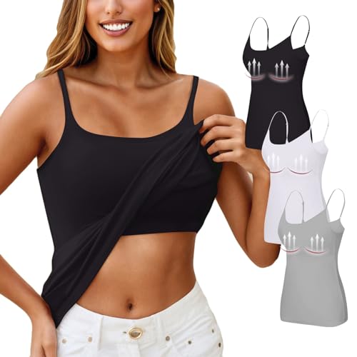 3er Pack Top Mit Integriertem BH Tank Top Damen Unterhemd Mit Regal BH Basic Baumwoll Stretch Racerback Eng Spaghetti Top Slim Unterhemden & BH-Hemden Sport Trägertop Für Frauen(A16 Grau,L) von Generic