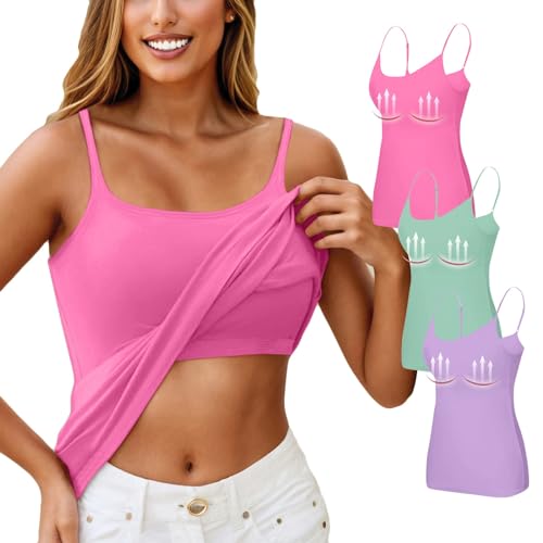 3er Pack Top Mit Integriertem BH Tank Top Damen Unterhemd Mit Regal BH Basic Baumwoll Stretch Racerback Eng Spaghetti Top Slim Unterhemden & BH-Hemden Sport Trägertop Für Frauen(A20 Grün,S) von Generic