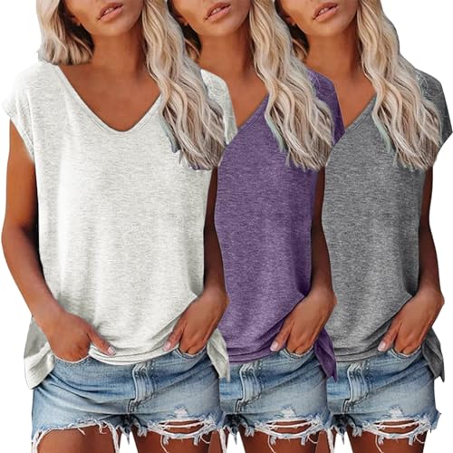 3er Pack Tshirt Damen Einfarbig Bluse Kurzarm V-Ausschnitt T-Shirt mit Flügelärmeln Sommer Tanktop Schlicht Ärmellos Frauen Oberteile Basic Crop Top T-Shirts Klamotten Teenager Mädchen Kleidung von Generic