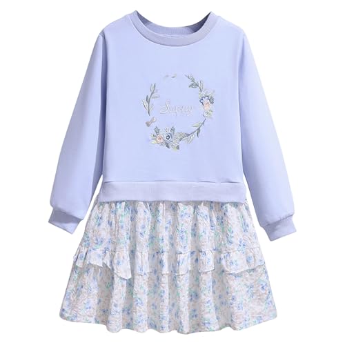 4 bis 14 Jahre Mädchen Patchwork Sweatshirt Kleider Langarm Top Stitching Floral Rüschen Kleid Gehen Sie zur Schule Outfit Prinzessin Party Theme Kleid von Generic