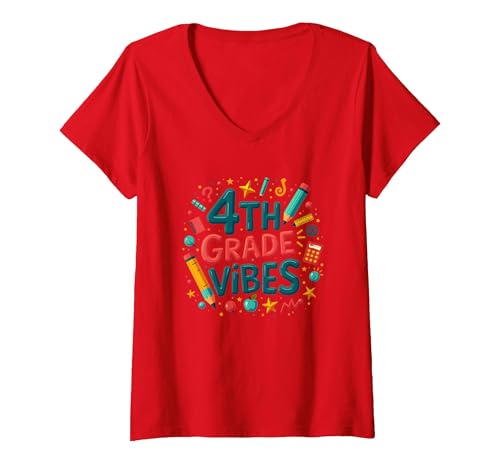 4. Klasse Mädchen Schule Vibes Spaß Lernen Grafik T-Shirt mit V-Ausschnitt, Damen, Rot, XXL von Generic