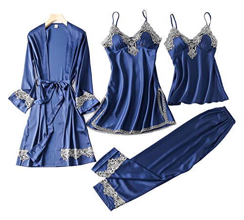 4PCS Pyjama Sets für Frauen Nachthemd und Robe Set Cami Top Lange Hosen Nachtwäsche mit Brust Pads Loungewear von Generic