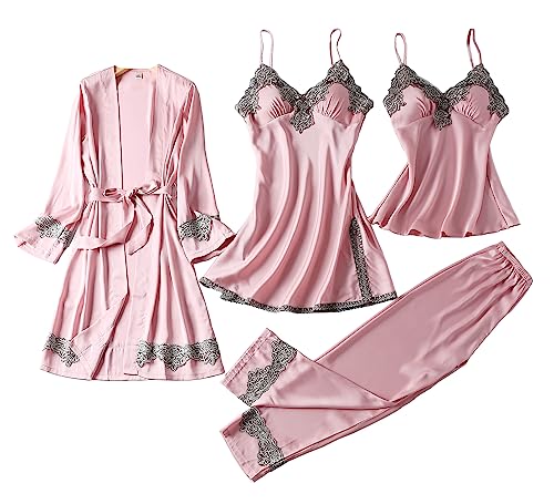 4PCS Pyjama Sets für Frauen Nachthemd und Robe Set Cami Top Lange Hosen Nachtwäsche mit Brust Pads Loungewear von Generic