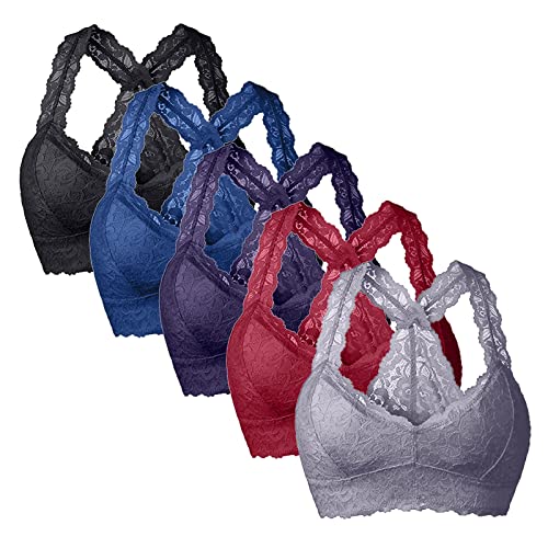 5 Stück Damen BH Ohne Buegel Spitzen BH Bralette Neckholder Bra Crop Top Set Push up Yoga Sports BH Ungepolstert Stretch Bustier Schlafen BH Atmungsaktiv Sport-BHS Lace Bra für Frauen Mädchen von Generic