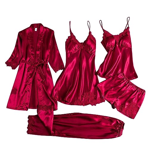 5 Stücke Pyjamas Damen Einfarbige V Ausschnitt Satin Nachtwäsche Sexy Nachthemd Nachtwäsche Seiden Nachtkleid Negligee Robe A-Linien Flowy Schlafanzüge Negligee Nachtwäsche Sleepwear von Generic