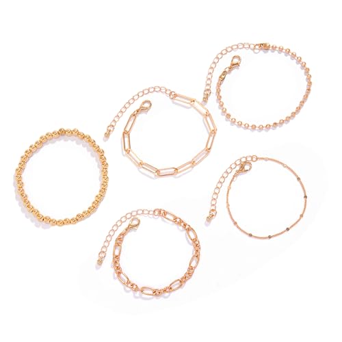 5-teiliges Perlenarmband-Set aus Legierung, verstellbare Länge, für Damen, Silber, Gold, modischer Schmuck, Hochzeitsaccessoires, as show, Kein edelstein von Generic