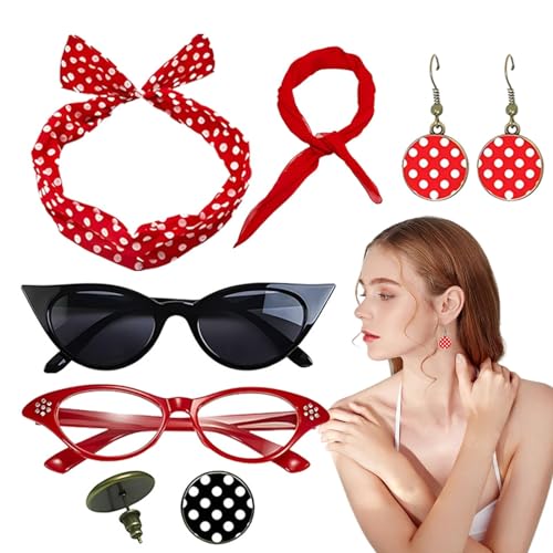 50er Jahre Accessoires für Mädchen, gepunktetes Stirnband | 6 Stück Ohrhänger Stirnbänder Set Outfi 50er Jahre | Chiffon-Schal, Katzenaugen-Brille, Schnallen 50er Jahre Accessoires für Mädchen, gepunktetes Stirnband | 6 Stück Ohrhänger Stirnbänder Set Outfi 50er Jahre | Chiffon-Schal, Katzenaugen-Brille, Schnallen von Generic