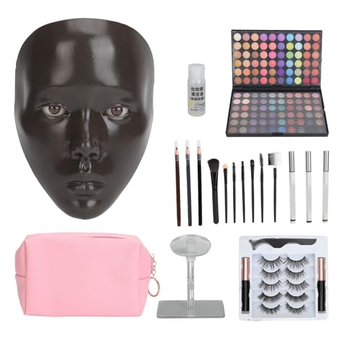 5D-Silikon-Make-up-Übungs-Mannequin-Set, Wiederverwendbares Make-up für das Ganze Gesicht mit Falschen Wimpern, Ständer, Lidschatten-Palette für Anfänger (Dunkle Haut) von Generic