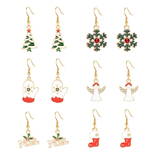 6 Paar Weihnachtsohrringe für Frauen Feiertagsohrringe für Frauen Weihnachtsbaum Schneeflocke Ohrringe Set für Frauen Mädchen Antiseptische Ohrringe (Gold, One Size) von Generic