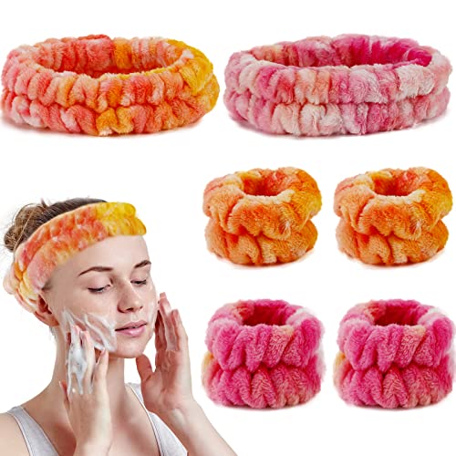 6-teiliges Gesichtswasch-Stirnband-Armband-Set, Make-up-Stirnband, Handgelenk, Handtuch, Gesicht, verhindert Flüssigkeiten an den Armen für Yoga, Übung, Make-up, Dusche (Orange + Rosenrot) von Generic