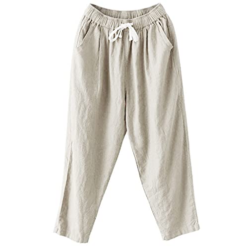 7/8 Leinenhose Damen Sommer Leinen und Baumwolle Hose für Frauen mit Kordelzug Cropped Sommerhose Damen Leicht Haremshose Luftige Stoffhose Freizeithose Pumphose Yogahose Jogginghose Sporthose von Generic