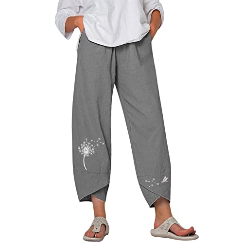 7/8 Sommerhose Damen Leicht und Luftig,Leinenhose Sommer Caprihose Baumwolle- 3/4 Freizeithose Stoffhose Mit Taschen High Waist Weite Lässig Hose Elastische Taille Leinen Hose Relaxhose von Generic