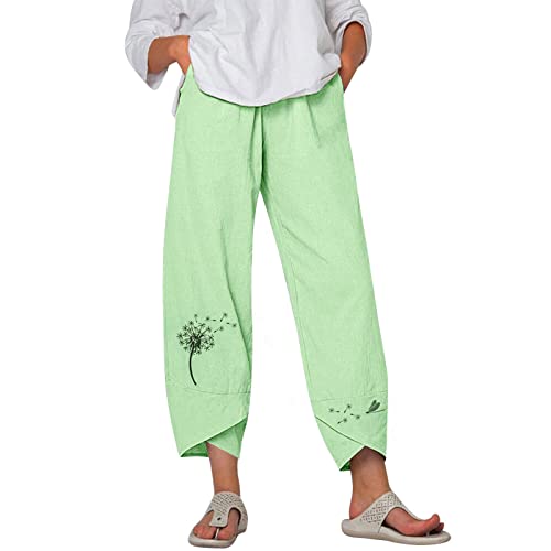 7/8 Sommerhose Damen Leicht und Luftig,Leinenhose Sommer Caprihose Baumwolle- 3/4 Freizeithose Stoffhose Mit Taschen High Waist Weite Lässig Hose Elastische Taille Leinen Hose Relaxhose von Generic