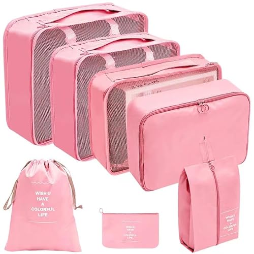 7 Set Packing Cubes, Travel Packing Cubes for Suitcases - Travel Bag for Travel Size Essentials Accessories, Compression Storage Shoe Bag, Clothing Underwear Bag, for Man & Women, Pink, Praktisch und von Generic