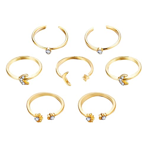 7 Stücke Gold Retro Stern Mond Ringe Set Für Frauen Mädchen Vintage Stapelbar Boho Fingerringe Legierung Strass Ringe Retro Geometrie Ring Ringelkleid Rot (Gold, One Size) von Generic