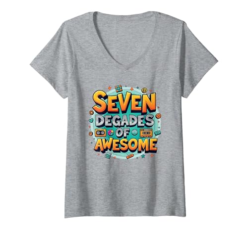 70. Geburtstag Sieben Jahrzehnte voller Geniessen für Männer T-Shirt mit V-Ausschnitt, Damen, Grau Meliert, S von Generic