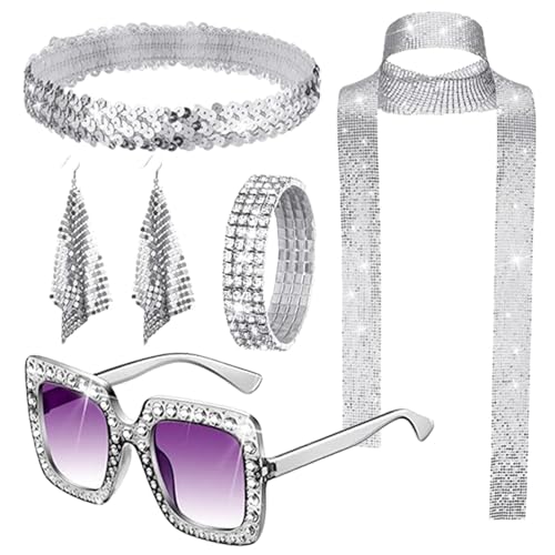 70er Jahre Schmuck Damen 70er Jahre Damen 70er Jahre Disco Kostüm Set | Haarband Pailletten Schal Armband und Sonnenbrille für Disco Party von Generic