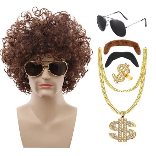 70er jahre perücken herren disco perücke für männer - African Kurze Kunstperücke Disco 70er Jahre - 60er Jahre Hippie Kostüm Mode mit Brille Schnurrbart für Männer von Generic
