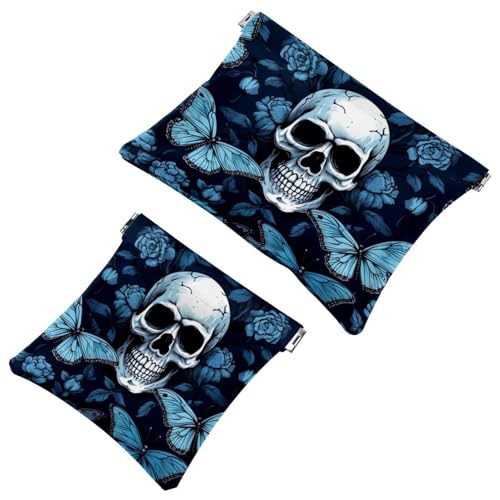 793 Schrapnell-Tasche für Geldbörse, Totenkopf und Schmetterling, wasserdichte Make-up-Tasche, tragbare Tasche für Damen, Geschenke, 2 Stück, Multicolor 08, A：7.1x5.8in/18x14.8cm，B:4.7x4.5in/12x11.5cm von Generic