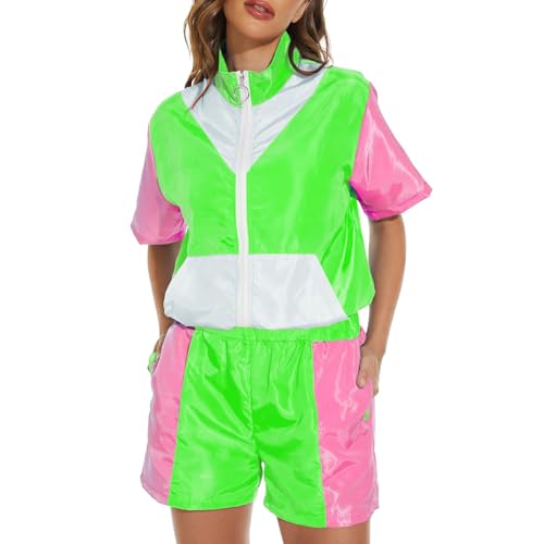80er 90er Jahre Outfit Damen Trainingsanzug Kurzarm Jacke + Shorts Retro Jogginganzug Faschingskostüm Disco Karneval Party Karnevalsanzug von Generic