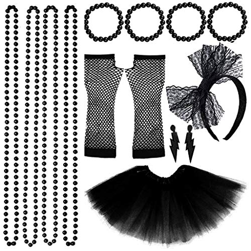 80er-Jahre-Kostüm-Set für Damen, Tutu-Rock, Handschuhe, Ohrringe, Spitzen-Stirnband, Perlenkette, Armband von Generic