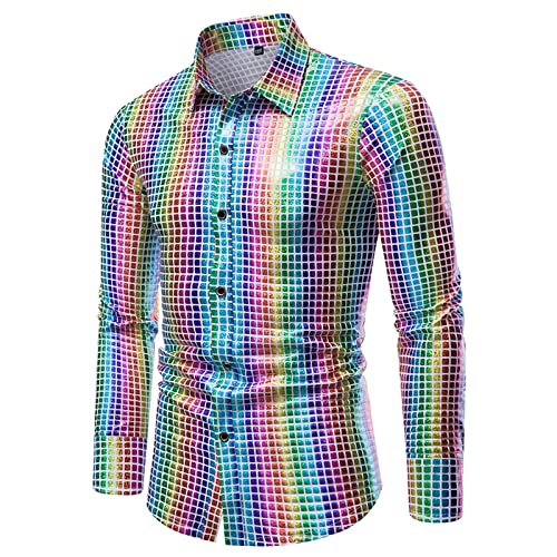 80er Jahre Outfit Herren Glitzer Hemd Partyhemd Langarm Pailletten Shirt mit Button-Down Kragen Glänzend Metallic Langarmshirt Pailettenhemd Slim Fit Shirts für Disco Party Club Mottoparty Rave Outfit von Generic