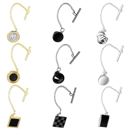 9 Stück Krawattennadeln für Herren Silber Gold Schwarz mit Kristallen T-Verschluss Ketten Clutch Verschlüsse Ideal für Feiern oder den Alltag von Generic