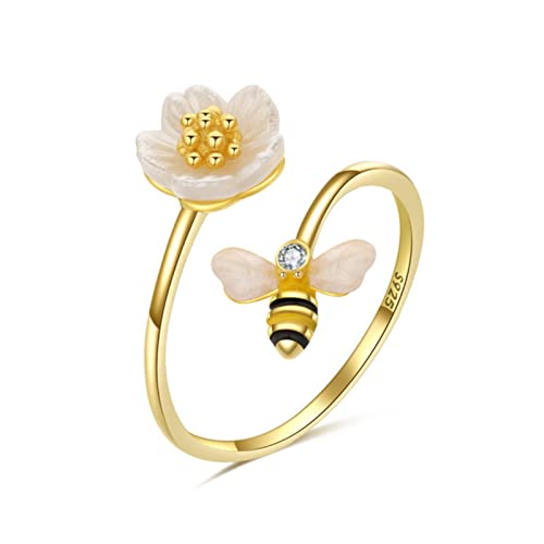 925 Sterling Silber 18 Karat Gold Gänseblümchen Blume Bienen Öffnungsringe für Frauen Hochzeitsschmuck von Generic