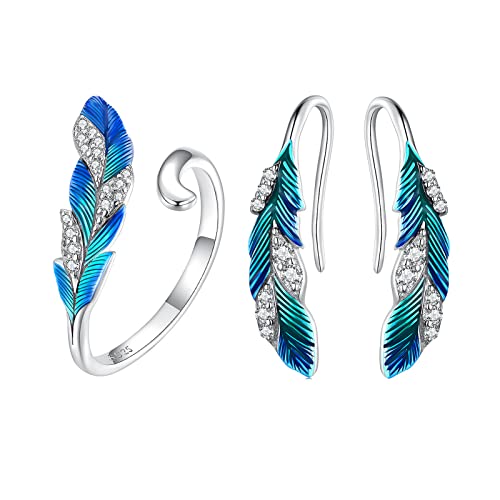 925 Sterling Silber Boho Feder Schmuck Set Blau Emaille Feder Ring und Feder Ohrringe für Frauen Geschenk von Generic