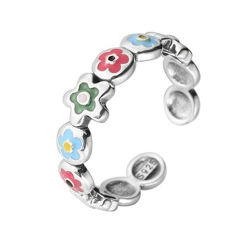 925 Sterling Silber Bunte Emaille Blume Verstellbarer offener Ring für Frauen Zartes Design Einzigartiger Schmuck von Generic