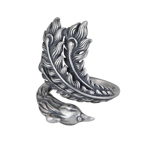 925 Sterling Silber Damen Handwerk Geschnitzte Phönixfedern Offener verstellbarer Ring Ethno-Stil Schmuck von Generic