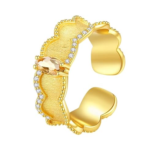 925 Sterling Silber Ringe Für Frauen Gewellter Stapelbarer Bandring Für Damen 14 Karat Vergoldet Natürlicher Edelstein Ovaler Schliff Halo Band Verstellbar Palast Jahrestag Ehering Citrin von Generic