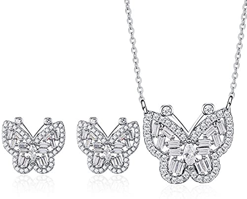 925 Sterling Silber Schmuck Set Intarsien Zirkon Schmetterling Schmuck Set Mode Halskette Ohrringe von Generic