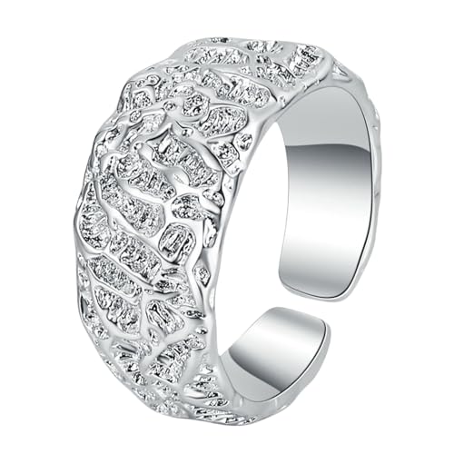 925 Sterling Silber Strukturierter breiter Silberring für Damen Unregelmäßig geprägt Verstellbarer Schmuck von Generic