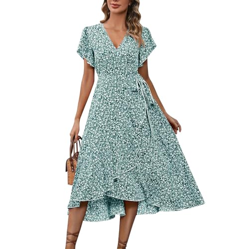 A-Linie Kleid, Midikleid Damen V Ausschnitt Leicht Schlitz Hohe Taille Blumenkleid Wrap Kleid Knielang Freizeitkleid mit Rüschen Kurzärm Perfekt für Urlaub XXL B Green von Generic
