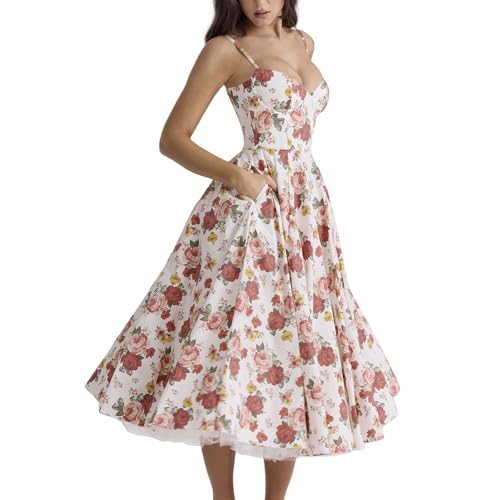 A-Linien Ärmellose V-Ausschnitt Kleider für Damen, Sommer Blumen Kleid Midi Tank Wickelkleid Trägerkleid von Generic