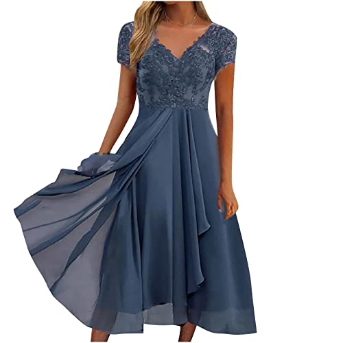 A Linien Kleid Damen Sommer Kleider Damen Festlich Winterjacke Kleid Damen Elegant Spitze Patchwork Chiffon V-Ausschnitt A-Linie Kleider Kurzarm Hohe Taille Abendkleid Glitzerkleid von Generic