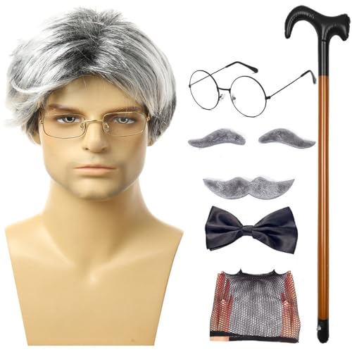 Ältere Menschenperückenperücken-Set | Set mit künstlichen Augenbrauenperücken, Mütze, Brille, Herrenperücke | Kostüm für Halloween, Weihnachten, Cosplay Ältere Menschenperückenperücken-Set | Set mit künstlichen Augenbrauenperücken, Mütze, Brille, Herrenperücke | Kostüm für Halloween, Weihnachten, Cosplay von Generic