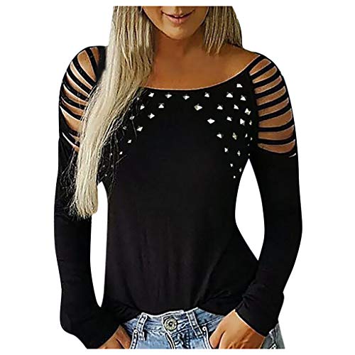 Ärmel Tops T Hollow-Out Frauen Hals Shirts Nieten Lange Plus Size Tops Seide Satin Blusen für Frauen, Schwarz , XXXXL von Generic