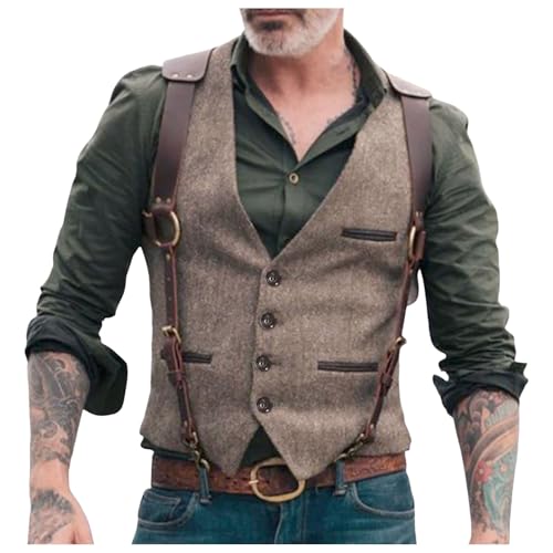 Ärmellose Arbeitsweste Herren - Zweireihig Slim Fit Herrenweste Männliche Hippie-Fransenweste Western Cowboyweste Stehkragen Weste Leicht Outdoorjacke Softshell Weste Für Hochzeit Und Party von Generic