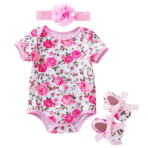 Ärmellose Bodys Neugeborenen Baby Mädchen Strampler Kurzarm Blumenmuster Strampler + Stirnband + Schuhe Außerhalb Body Strampler Overall Kleidung Babysachen Personalisiert (B, 0-3 Months) von Generic
