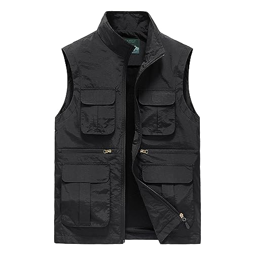 Ärmellose Weste Herren Outdoor, Arbeitsweste Große Größen-Anglerweste Herren Stehkragen Trendiges Casual Freizeitweste Einfarbig Vest mit Tasche Westen Schnelltrocknende Angelwesten von Generic