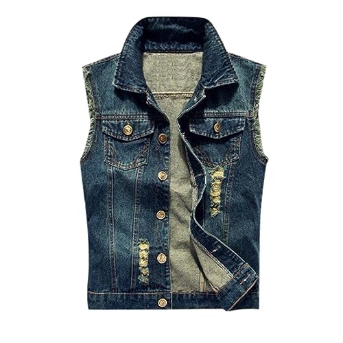 Ärmellose Weste Herren Outdoor, Jeansweste Herren Große Größen,Westen Herren Umlegekragen Stylischer Lässig Freizeitweste Leichte Slim Fit Denimweste Vintage Zerrissene Vest Jeans-Weste von Generic