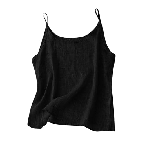 Ärmelloses Damen-Top T-Shirts Sommer Baumwolle Leinen Spaghettiträger Rundhalsausschnitt Tank-Top Tanktops Frauen Musselin Tank Tops Leinen Baumwolle Trägertop Spaghetti Oberteile Einfarbig Camisole von Generic