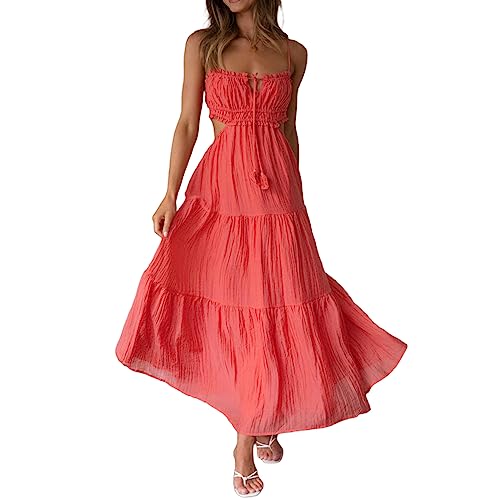 Ästhetik Frauen Mode Langes Kleid Elegant Spaghetti Strap High Split Kleid Sexy Backless Bohe Swing Sundress (Watermelon Red, M) von Generic