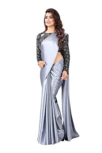 Aashita Creations Damen Satin Seide Saree mit voller Sequenz Bluse Piece_1016, grau, One size von Generic